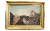 Victorian antique oil painting of a dreamy rural landscape with a worn gilded frame.