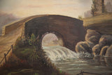 Detail of an antique landscape painting, showing an arched stone bridge and white waterfall.