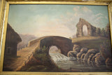 Antique Victorian landscape painting, with stone bridge, waterfall, ruin, and gold frame.