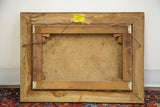 Back of framed painting, showing worn wooden frame, hanging wire, and Boston framer label.