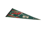 Vintage Minnesota Wild felt pennant, with green, red, and cream logo design.