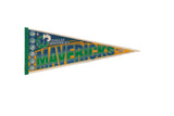 Vintage 1990s Dallas Mavericks felt pennant, green, blue, and yellow logo on cream felt.