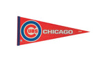 A red vintage Chicago Cubs felt pennant with the team's iconic blue and white circular logo.