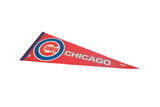 Classic Chicago Cubs bullseye logo on a red felt pennant with blue edge detail.