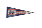 Vintage New York Rangers felt pennant featuring blue, red, white Statue of Liberty design, 12x29.