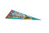Vintage blue felt Deer Park Funland pennant with bear, roller coaster, and train illustrations.