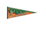Vintage Miami Hurricanes felt pennant, green and orange, featuring Sebastian the Ibis, 12x29 inches.