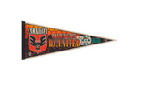Vintage D.C. United felt pennant with a red and black eagle logo over an orange honeycomb background.