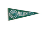 Vintage Michigan State University felt pennant with green background, white text, 12x29 inches.