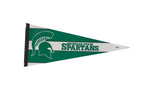 Vintage Michigan State Spartans felt flag pennant in green and white with Spartan helmet logo.