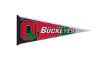 Vintage Ohio State Buckeyes felt pennant with classic red, black, and green graphics.