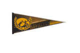Vintage University of Iowa Hawkeyes felt pennant in black with gold graphics and lettering.