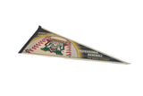 Angled vintage Michigan Battlecats felt pennant with green cat logo and red baseball stitching.