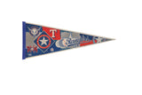 Texas Rangers Felt Flag Pennant, vintage, with red, white, blue, and gray graphics, 12x29.