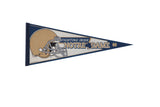 Vintage Notre Dame Fighting Irish felt pennant in navy blue and gold with a football helmet graphic.