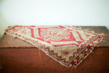 Tattered antique Turkish tribal rug, red, ivory, mint geometric medallion, 1'10
