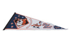Angled view of a Detroit Tigers felt pennant highlighting its colorful tiger mascot.