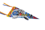 Dynamic angled shot of the vintage circus pennant with its roaring tiger graphic.