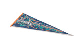Vintage New York Islanders felt pennant with blue, teal, orange fisherman logo.