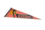 Angled perspective of the vintage Chicago Blackhawks felt pennant and its classic graphics.