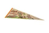 Angled display of the vintage Mackinaw City Michigan felt pennant, showing all illustrated landmarks.