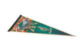 Vintage 1996 Atlanta Olympics felt pennant, emerald green, gold emblem, globe, and colorful flags.