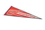 Detroit Red Wings felt pennant upper corner, showing winged wheel logo and brand text.