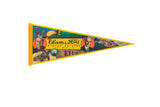 Yellow felt pennant for Edison Ford Winter Estates with retro graphics of the inventors, a Model T, and home.