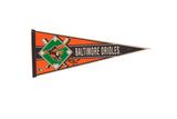 Vintage 1990s Baltimore Orioles felt pennant with the classic team logo in orange, black, and green.