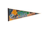 Detroit Lions felt pennant with lion mascot, blue helmet, and field graphics, 1990s, 12x29.