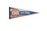 Vintage Detroit Pistons 50th Season felt flag pennant in blue, orange, and off-white.