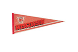 Vintage Wisconsin Badgers felt pennant in red and off-white with badger logo, 12 by 30 inches.