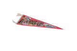 Angled view of the red Mark Twain Cave pennant highlighting its white felt ties.