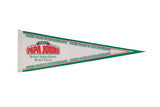 A vintage Papa Johns felt pennant from the 2000s with a red and green logo and border.