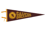 Vintage Calvin College felt pennant, brown with yellow text and shield logo, 9x27 inches.