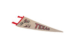 Vintage Texas felt pennant close-up, showing a cowboy, state map, and red 'TEXAS' lettering.