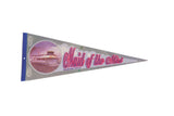 Vintage Maid of the Mist Niagara Falls felt pennant with a tour boat graphic and pink script lettering.