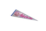 Angled view of the vintage felt pennant's boat graphic and script lettering.