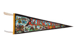 Colorful vintage Wisconsin felt pennant with state symbols, black background, 10