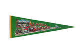 Vintage Alaska felt flag pennant in green with a classic dog sled and totem pole illustration.