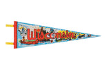 Vintage Wisconsin Felt Flag Pennant with colorful postcard-style illustrations and prominent red lettering.
