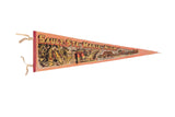 Vintage Sault Ste. Marie, Michigan felt pennant in orange with a detailed graphic of the Soo Locks.