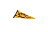 Close-up of the North Farmington Raiders mascot graphic on the vintage golden yellow felt pennant.