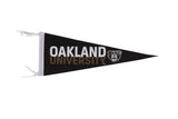 Vintage Oakland University felt flag pennant, black with white text and brown bear logo, 9x25 inches.