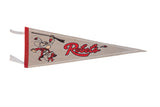 Vintage UNLV Rebels felt pennant with cowboy mascot and red script, 9x27 inches.