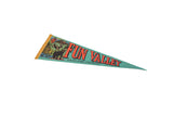 Vintage Fun Valley South Fork Colorado felt pennant, teal with mountain graphics and visible wear.