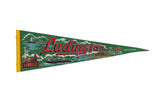 Ludington Michigan vintage felt pennant, green with red script, depicting local landmarks, 8x25.