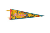 Vintage felt pennant for Ortega's Indian Ruins, Arizona, with colorful yellow, blue, and red graphics.