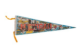 Vintage Michigan pennant, blue, red, yellow illustration of state attractions, 8x25 inches.