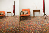Vintage Persian Hamadan rug with unique allover Herati pattern in soft orange-red, blue, ivory.